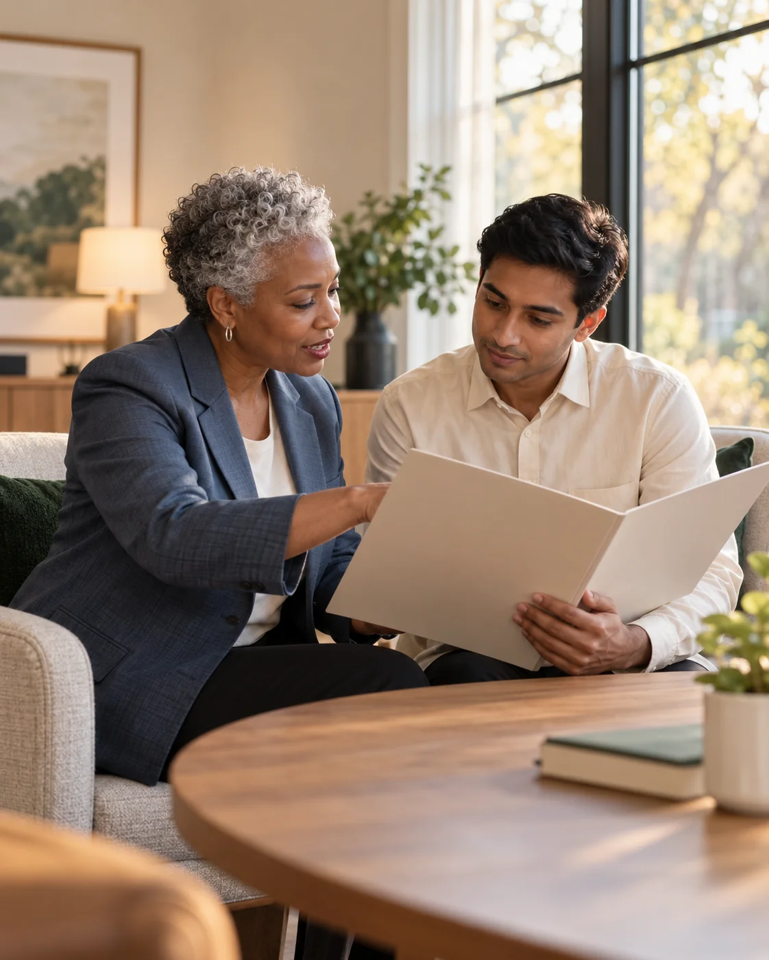 An admissions lead coaches a newer colleague using a blank tour folder beside a tall window