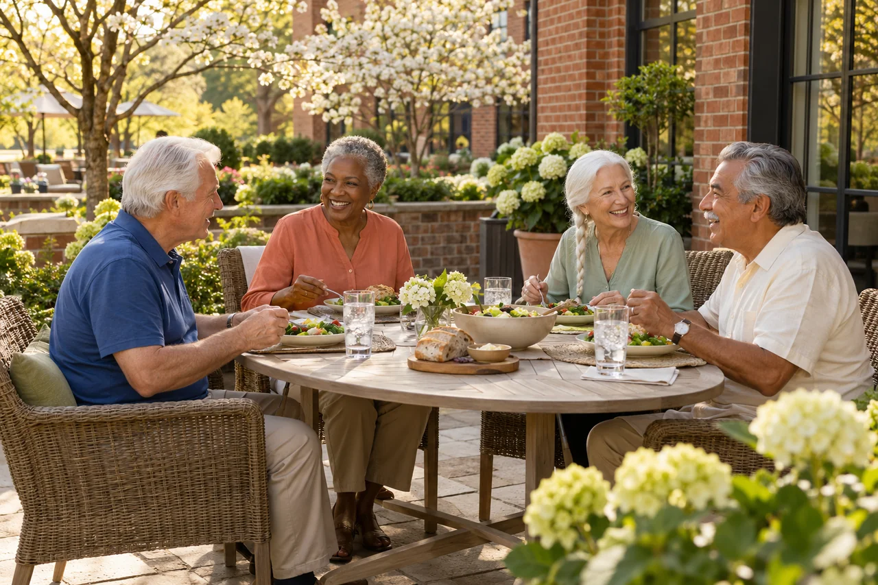 A small group of older adults shares an outdoor lunch on a community terrace with warm brick and lush planting