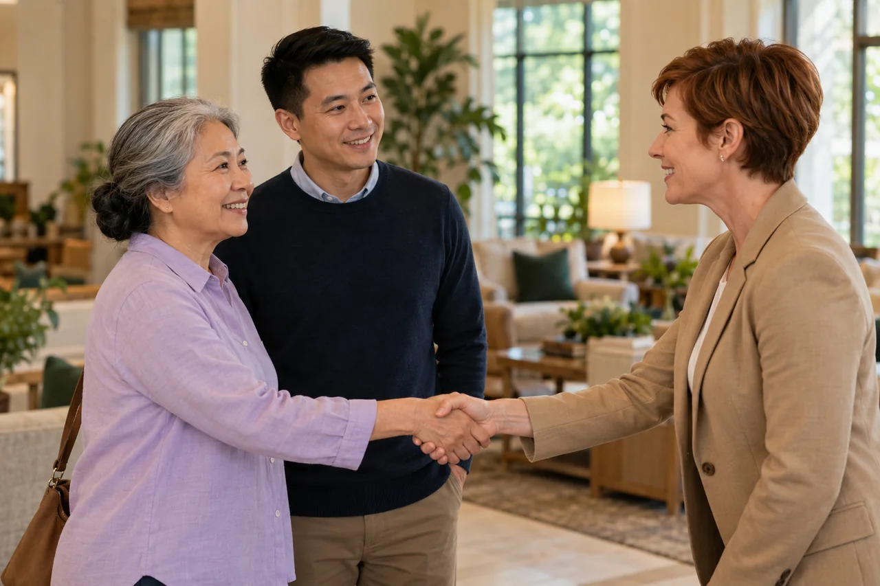 An older woman and her son greet a community host beside a reception seating area, warm eye-level composition