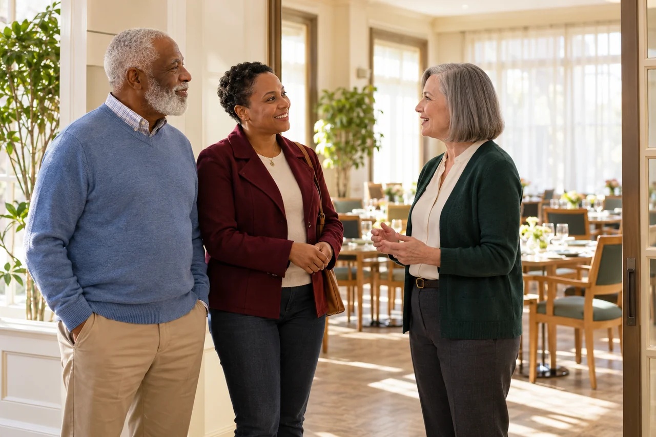 An older man and his adult daughter stop with a staff member outside a sunlit dining room, friendly discussion before a visit