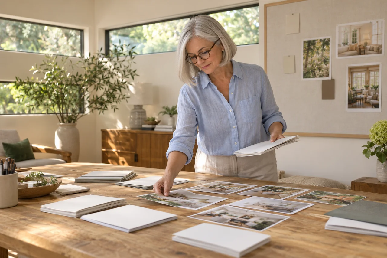 A community marketing lead lays out plain brochures and community photographs on a large oak work table