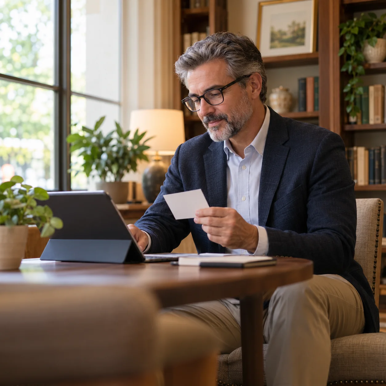 A male community sales lead reviews a blank appointment card beside a tablet in a quiet library nook