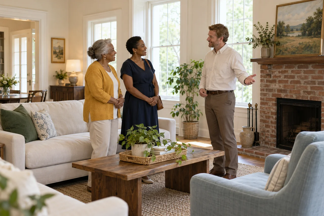 A community host shows an older woman and her daughter a cozy apartment living area, broad view of the room and furniture