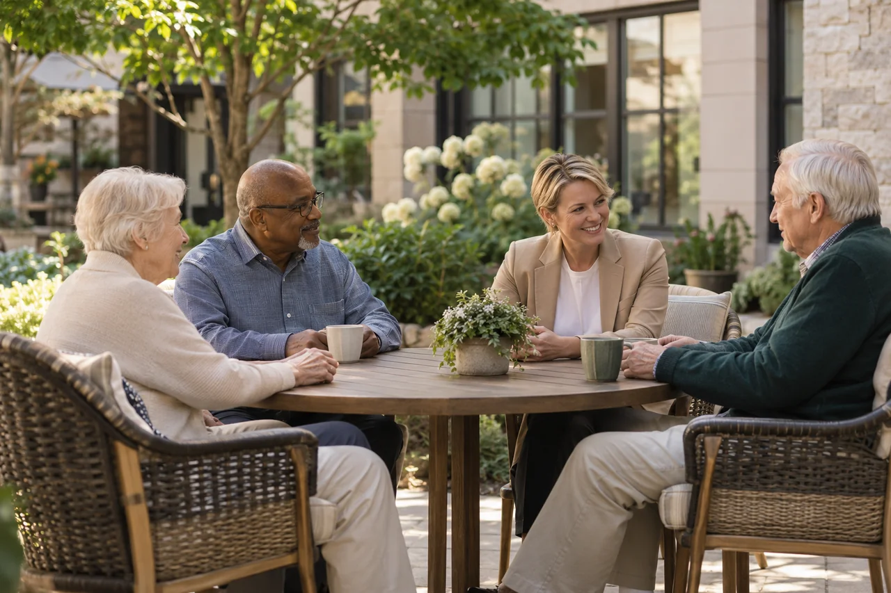 Older residents and a staff host enjoy a relaxed conversation around a shaded courtyard table