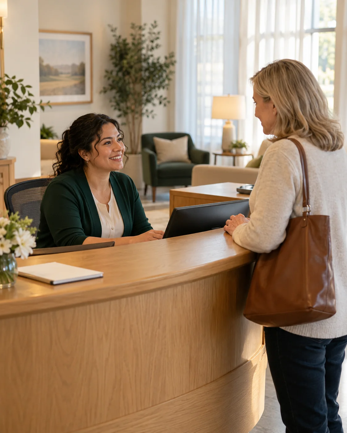 A receptionist welcomes an adult daughter at a curved oak front desk, a plain notepad and a small vase nearby