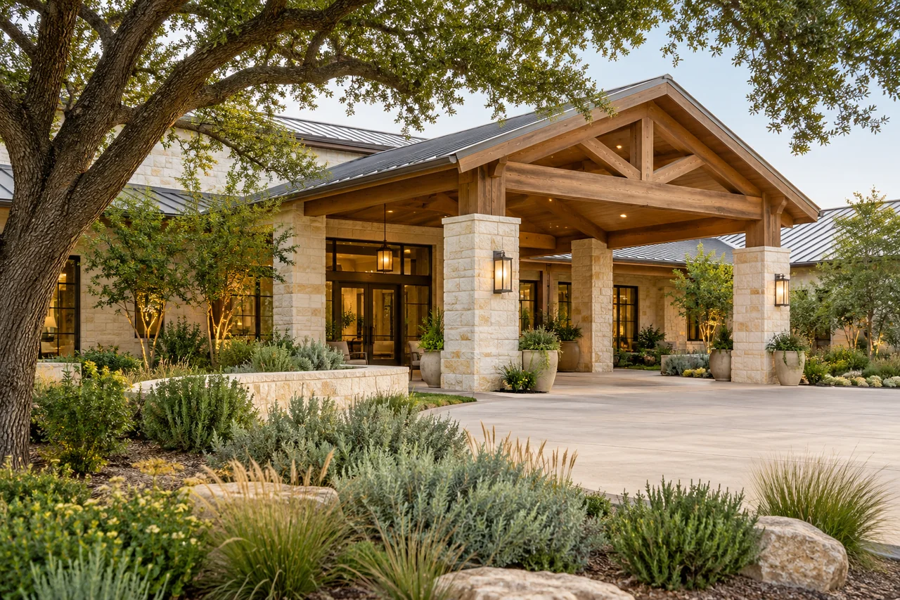 A senior living front garden leading to a sheltered cream-and-oak entrance