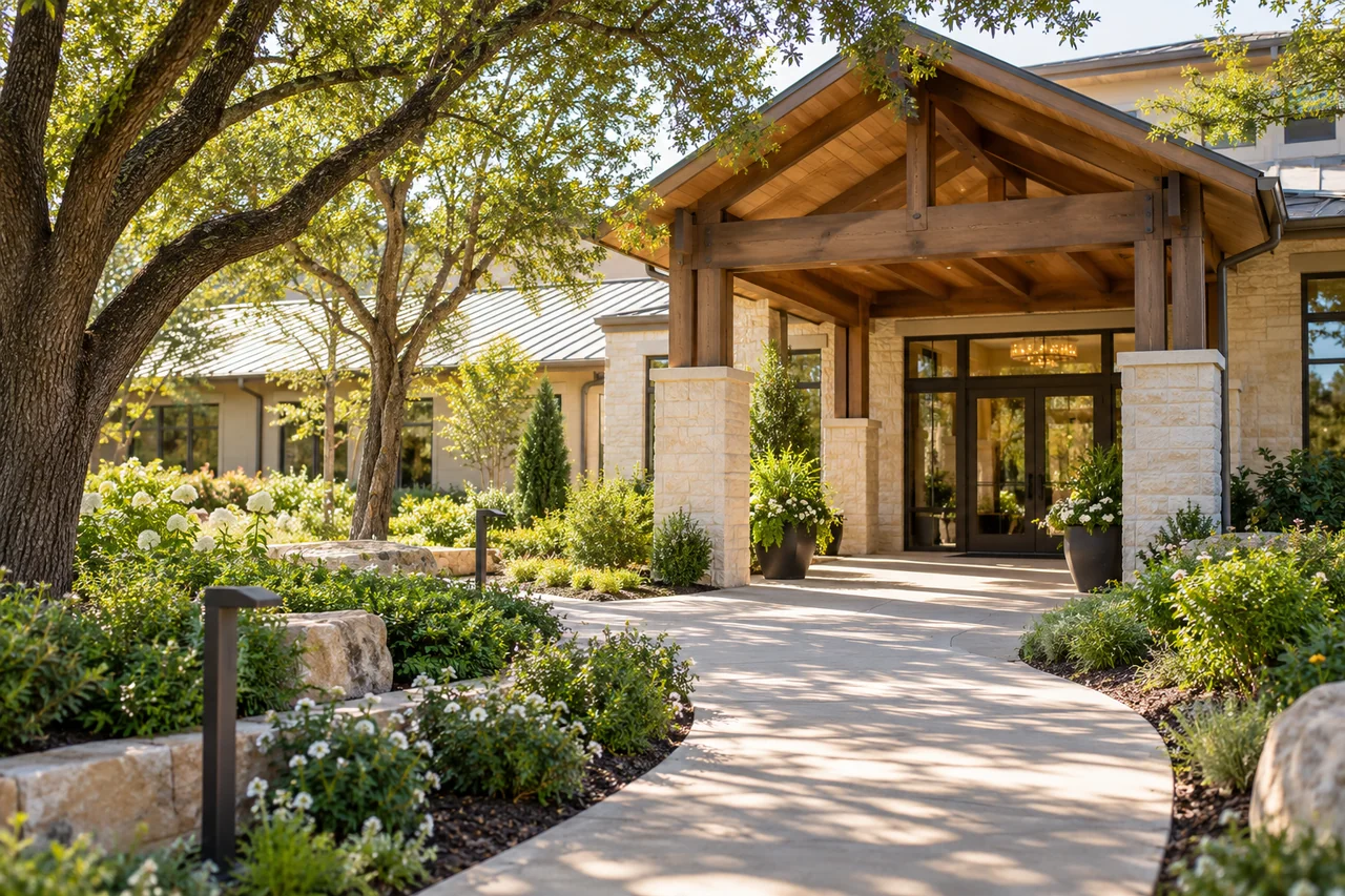 A tree-lined pedestrian route to a community entrance with a timber portico, late morning light and seasonal planting