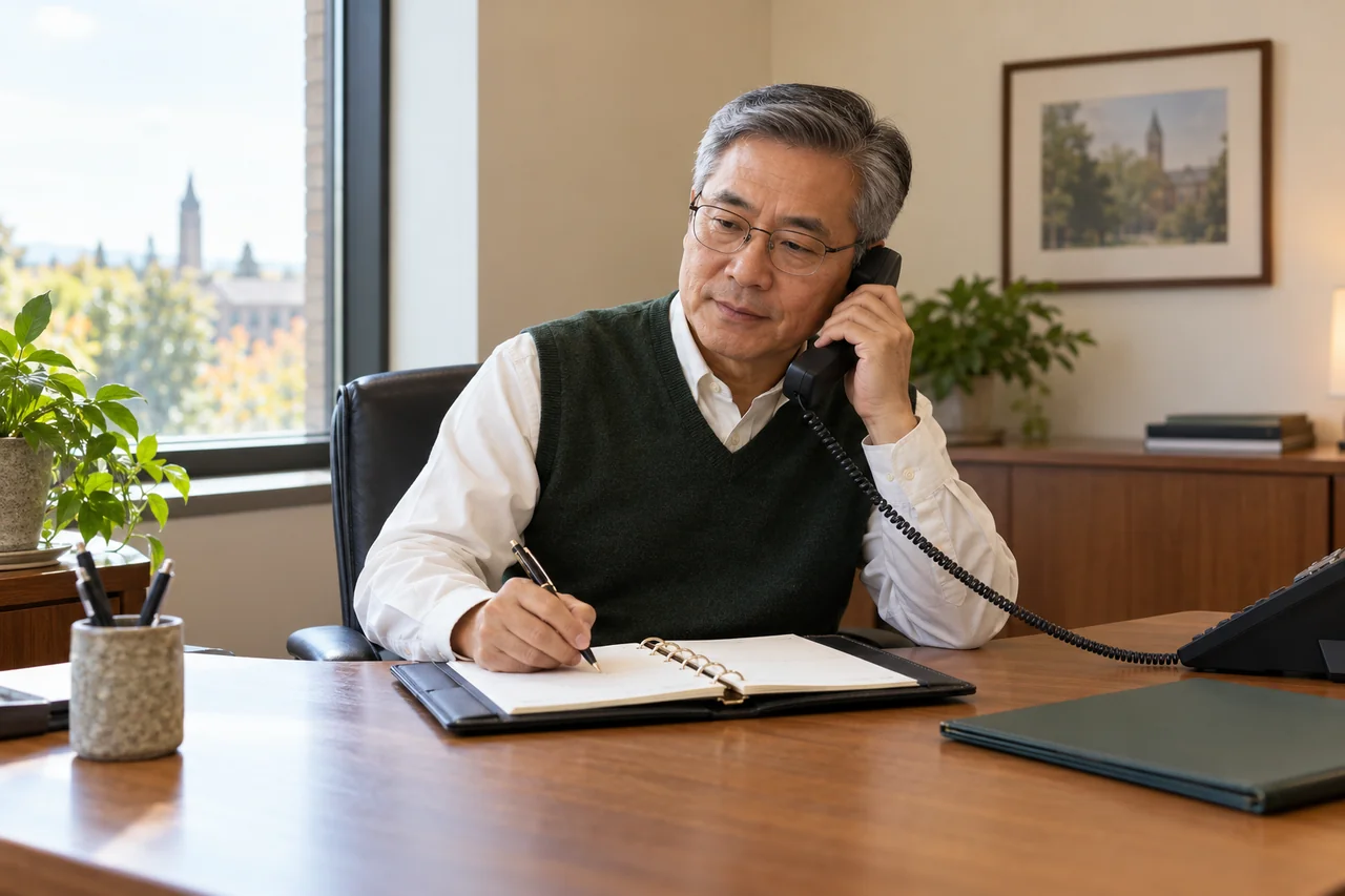 An admissions coordinator listens on a desk phone while noting a next call in a closed-ring planner, bright corner office with a small oak desk