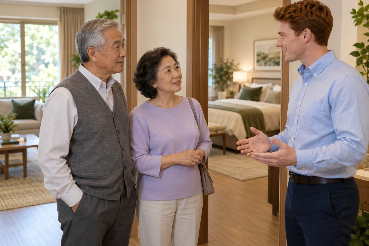 An older couple pauses beside a model apartment doorway while their community host answers a question