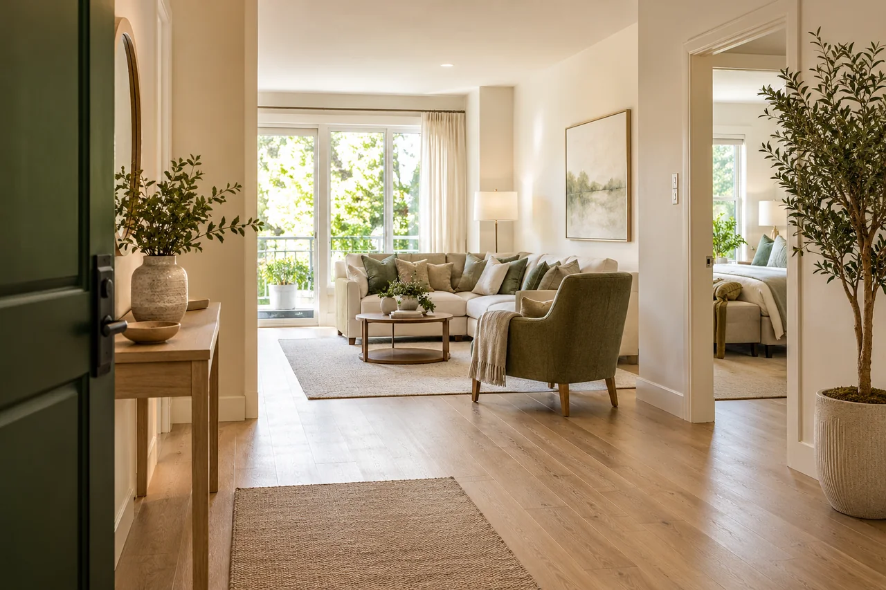 A senior living apartment entry and living room with a wide clear route, pale oak floor and one small potted tree