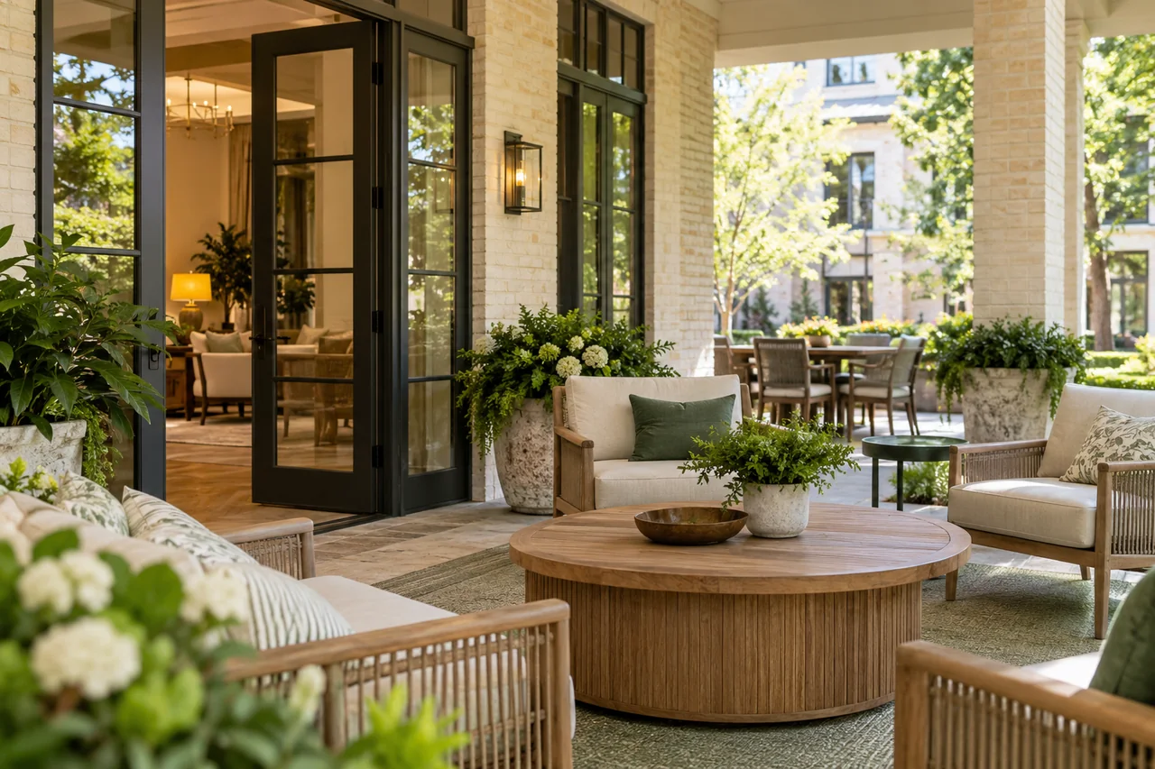 A bright senior living veranda with pale brick, broad glass doors and comfortable outdoor seating