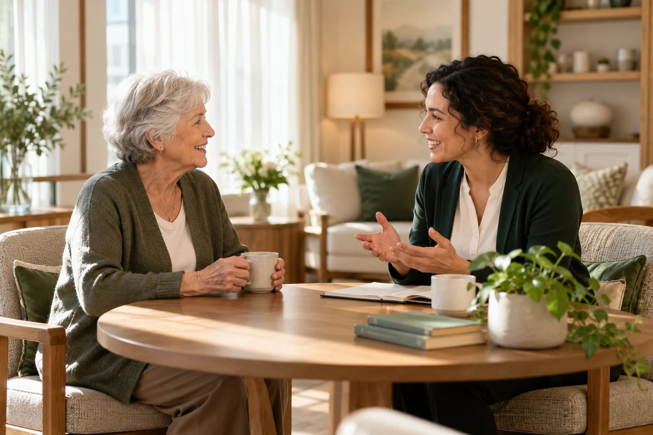 An older woman and a younger female community host sit across a small table discussing the next visit, open welcoming body language