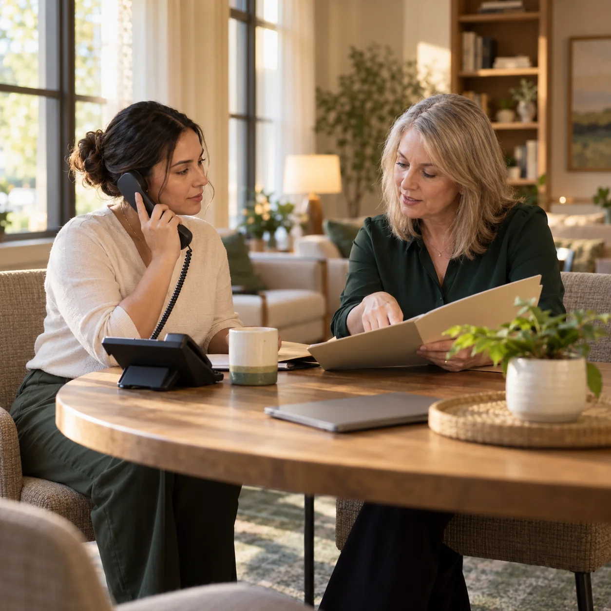 Two community staff members practice a family phone handoff at a round table, one listening while the other points to a plain folder