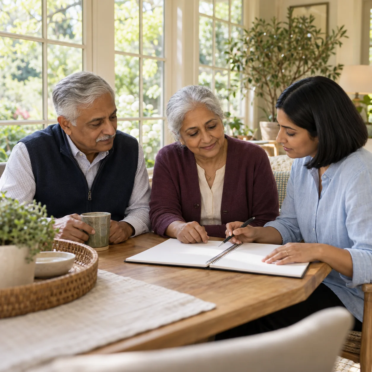 An older couple and their adult daughter review a blank visit planner on a garden-room table