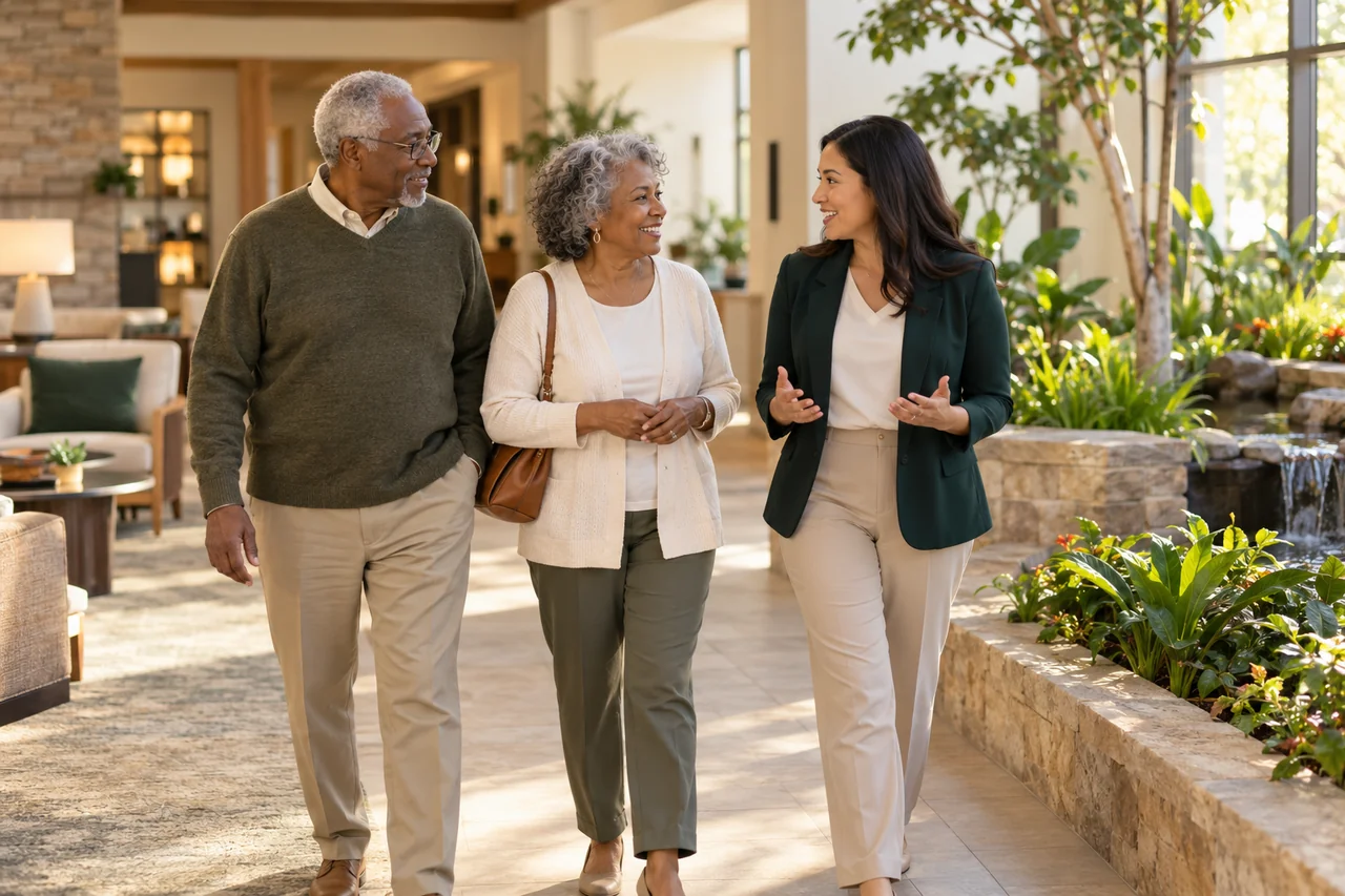 An older couple walks with a community host beside an indoor garden, all three engaged in a natural conversation