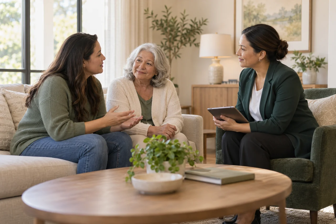 A community staff member listens to an adult daughter in a private seating nook while an older mother sits comfortably beside her