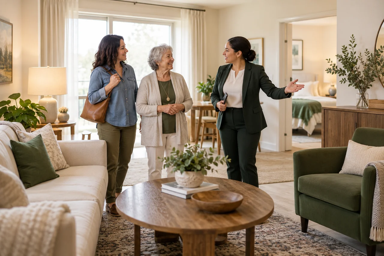 A community host shows an older woman and her daughter a cozy apartment living area, broad view of the room and furniture