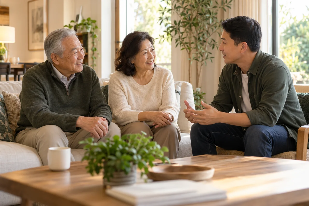 An older couple sits with their adult son in a warm family living room, relaxed open conversation