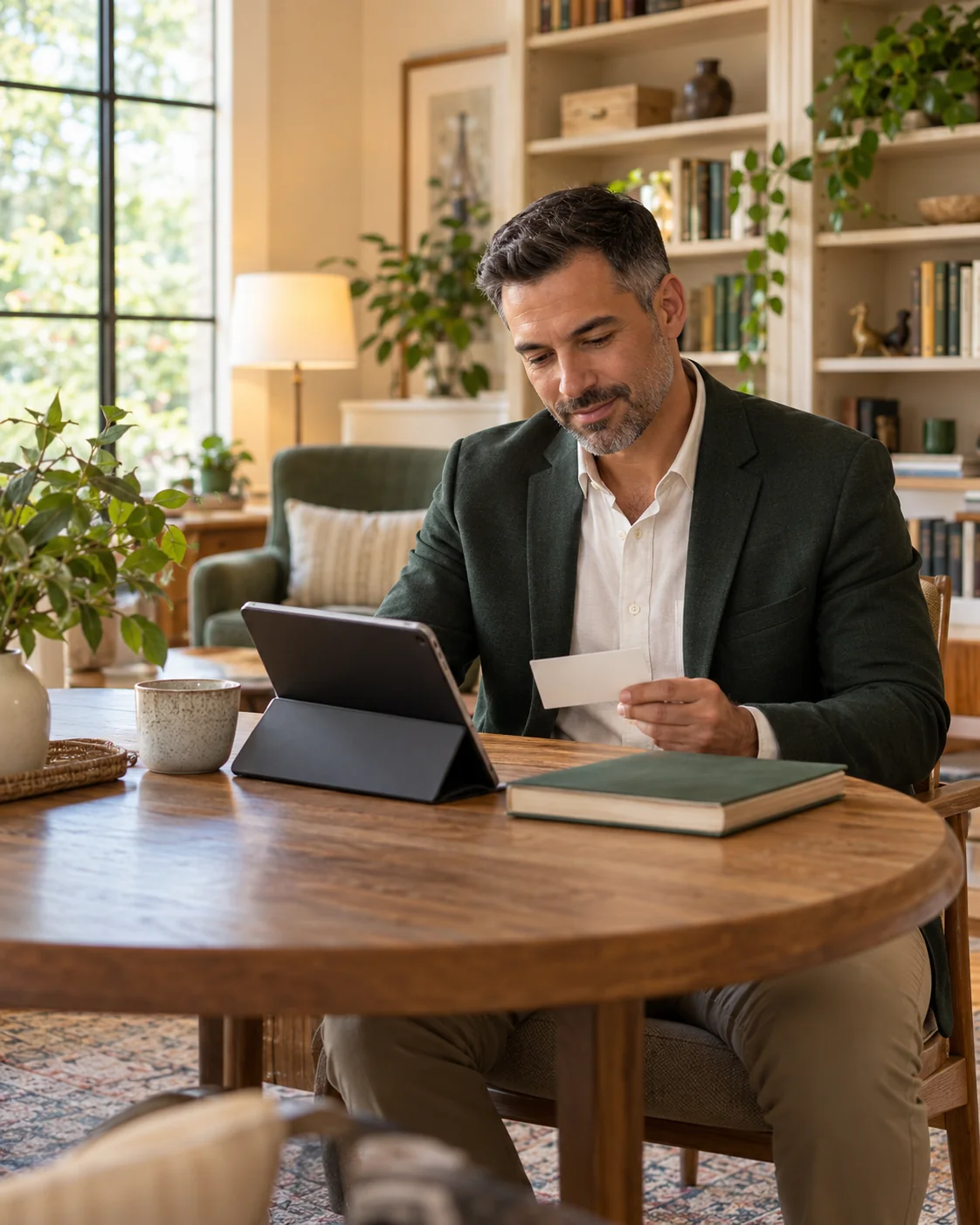 A male community sales lead reviews a blank appointment card beside a tablet in a quiet library nook