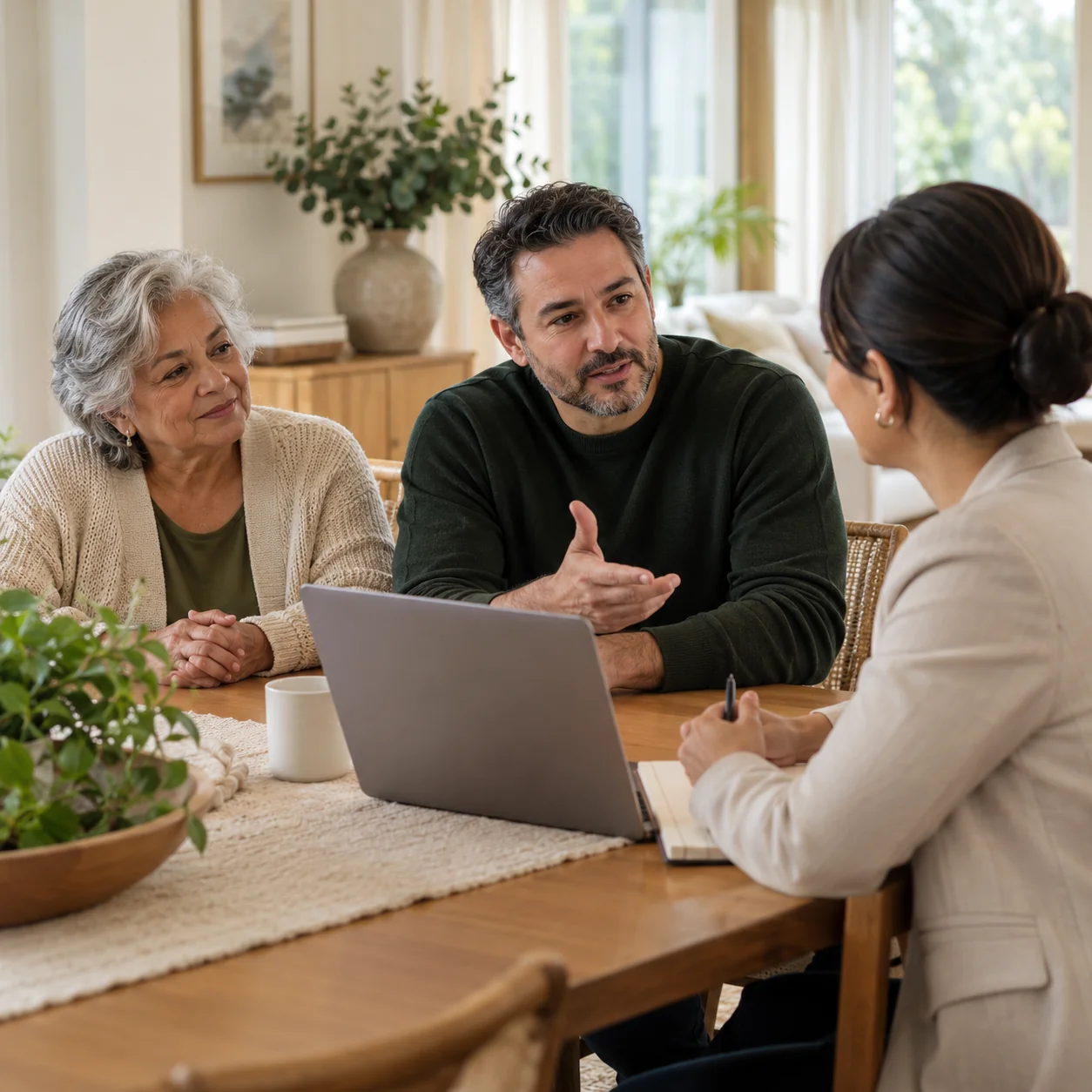 An adult son asks a home care coordinator a question beside his older mother at a dining table