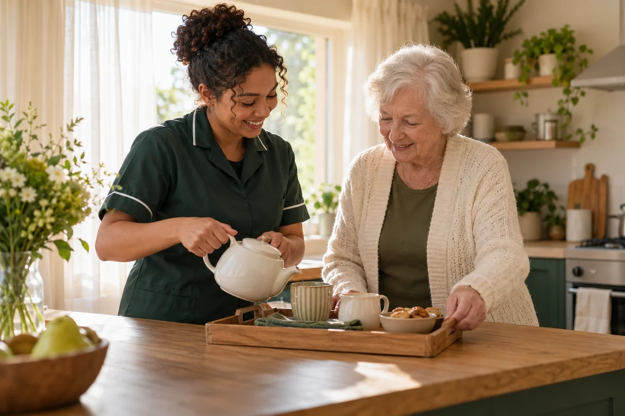 A home care worker and an older woman prepare a small tea tray together in a comfortable home kitchen