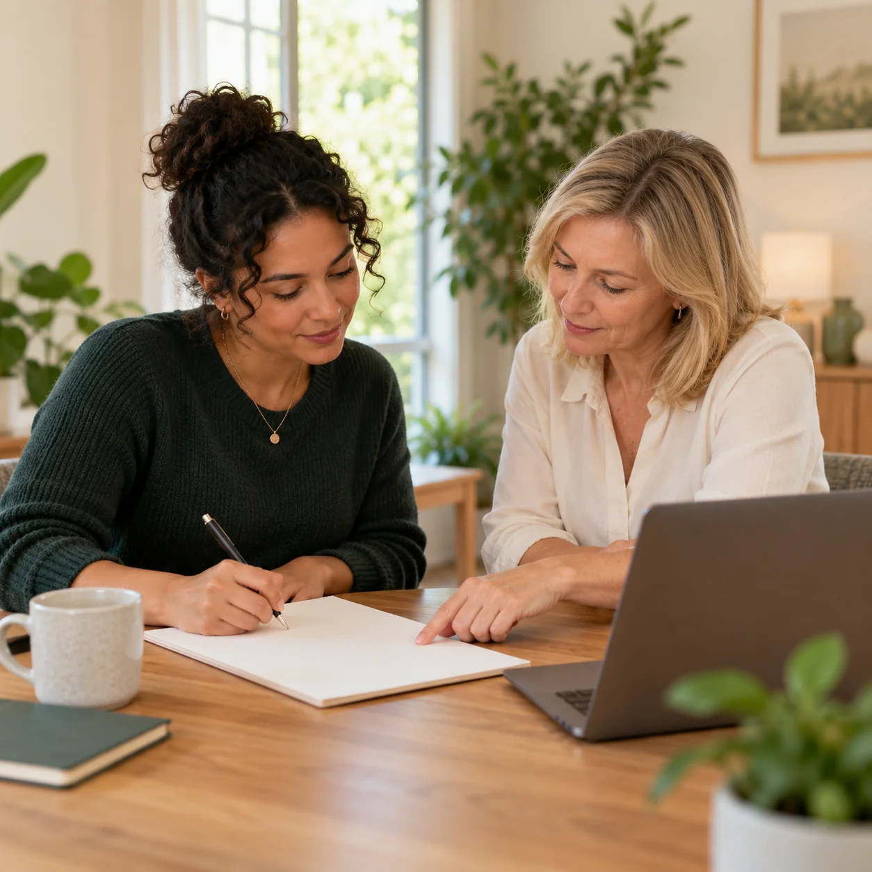 Two home care office staff review local service-area notes on a blank sheet beside a laptop turned away