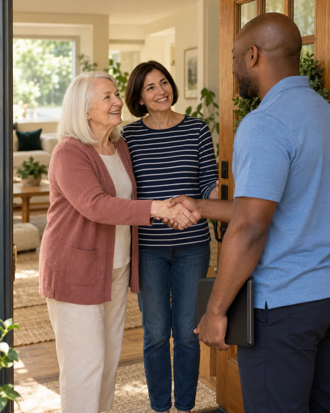 A home care worker greets an older woman and her adult daughter at the doorway of a warm private home