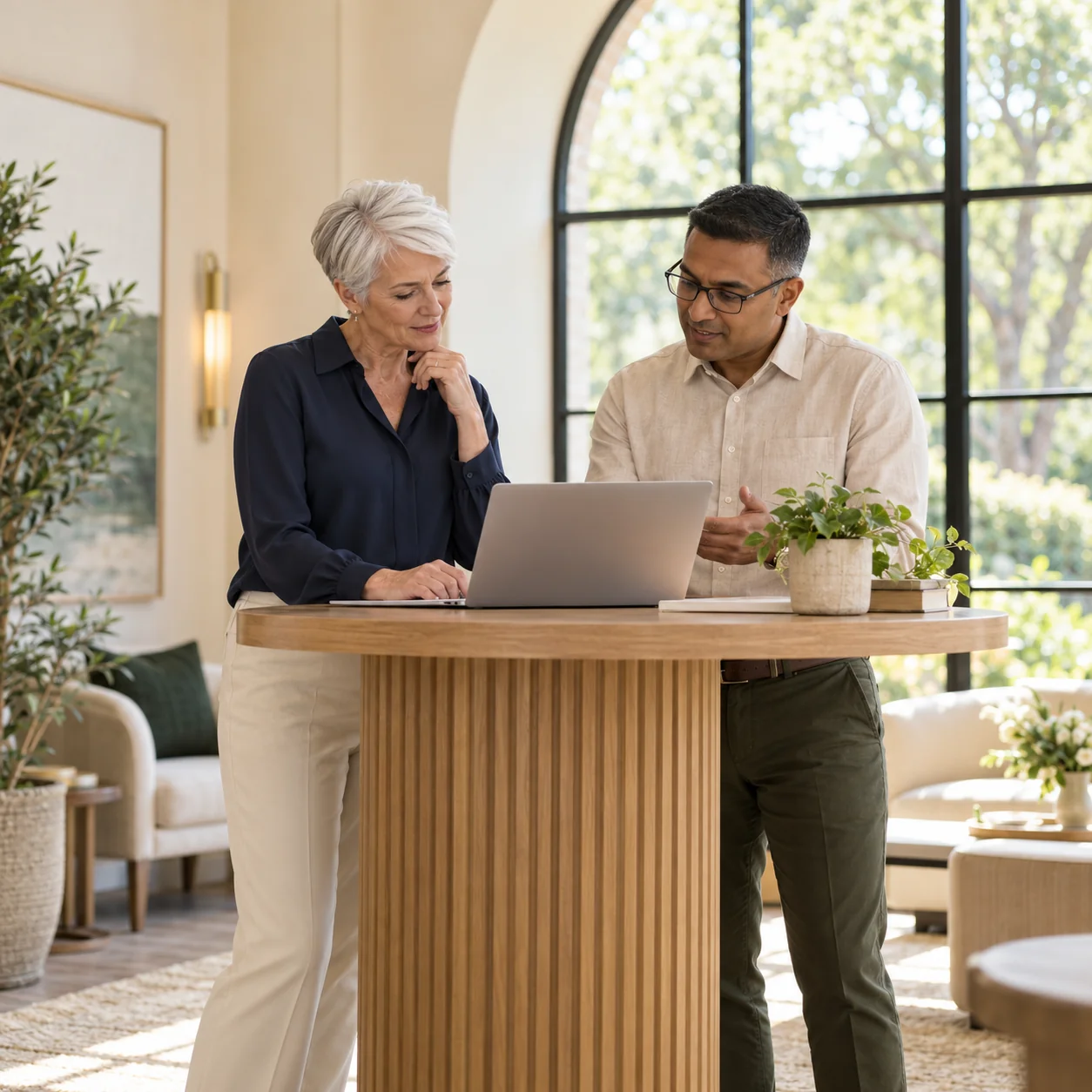 A female operations lead and a male admissions colleague review next steps at a standing-height work table with a laptop turned away