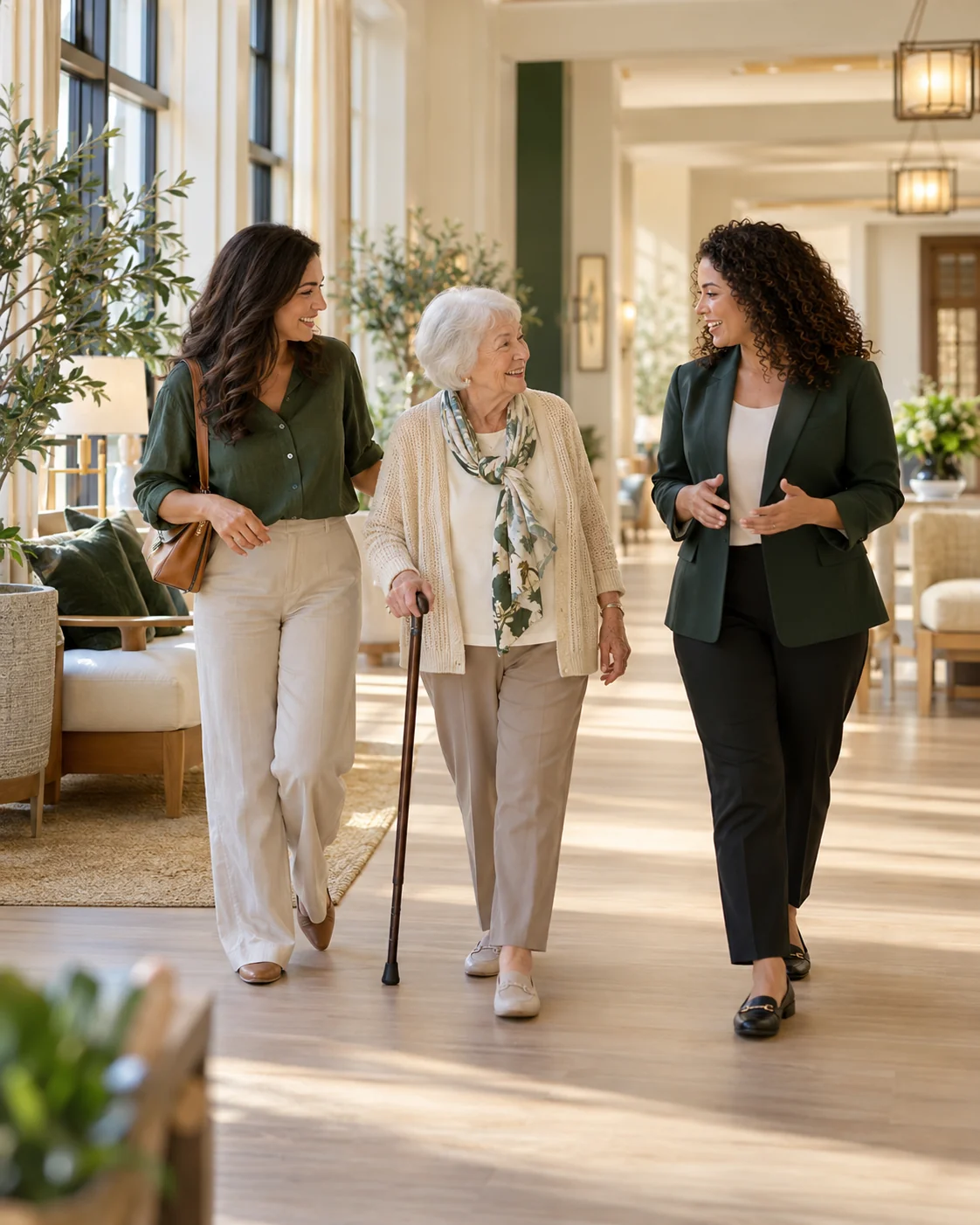 An older woman with a cane walks comfortably beside her daughter and a community guide through a wide light-filled hallway