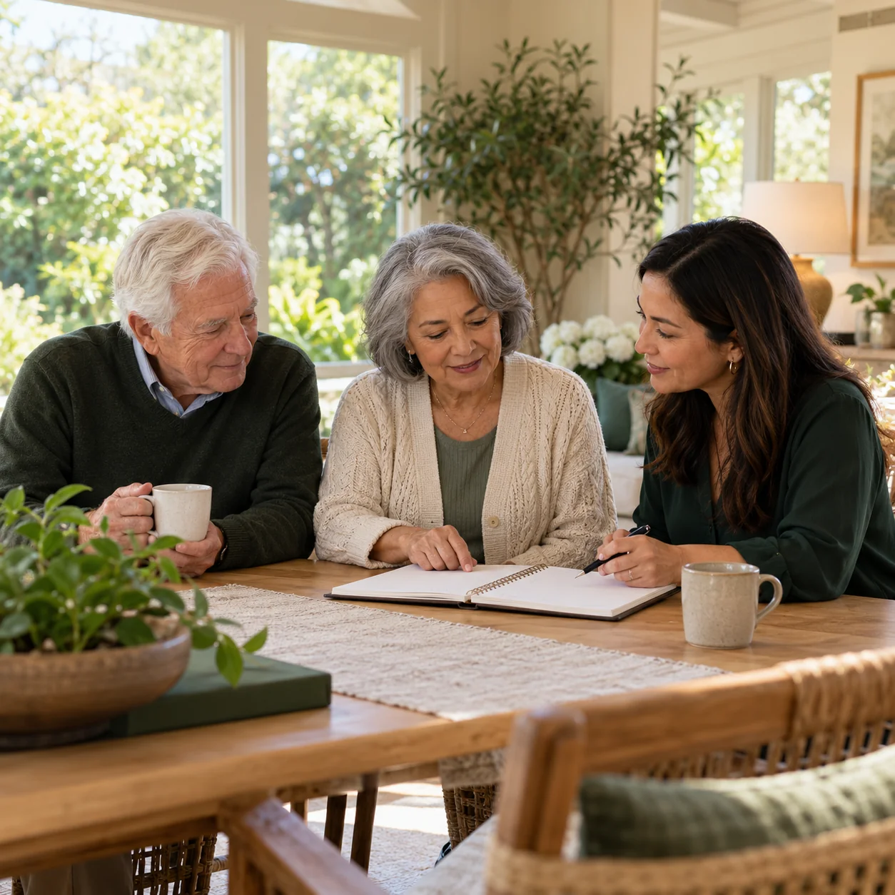An older couple and their adult daughter review a blank visit planner on a garden-room table