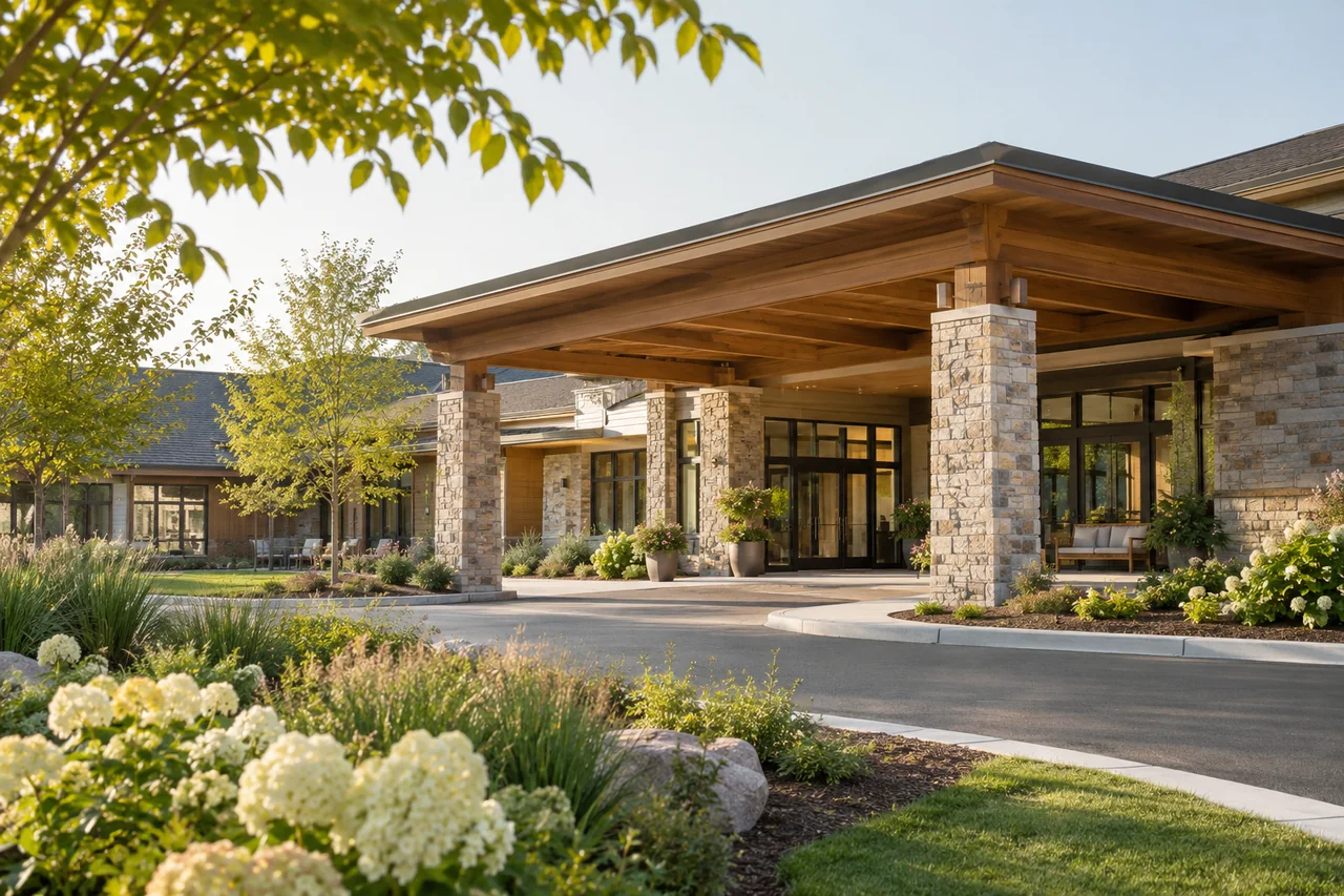A low-rise community building with natural stone and cedar details, a wide entrance canopy and a peaceful garden