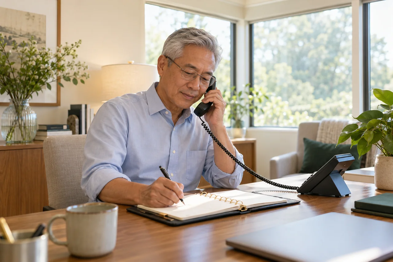 An admissions coordinator listens on a desk phone while noting a next call in a closed-ring planner, bright corner office with a small oak desk