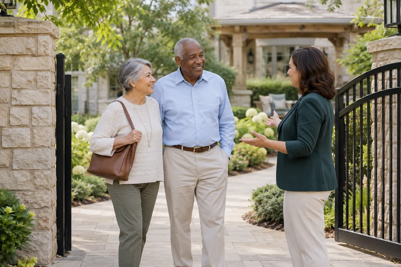 An older man and his spouse meet a community host at a shaded courtyard gate with landscaped grounds visible