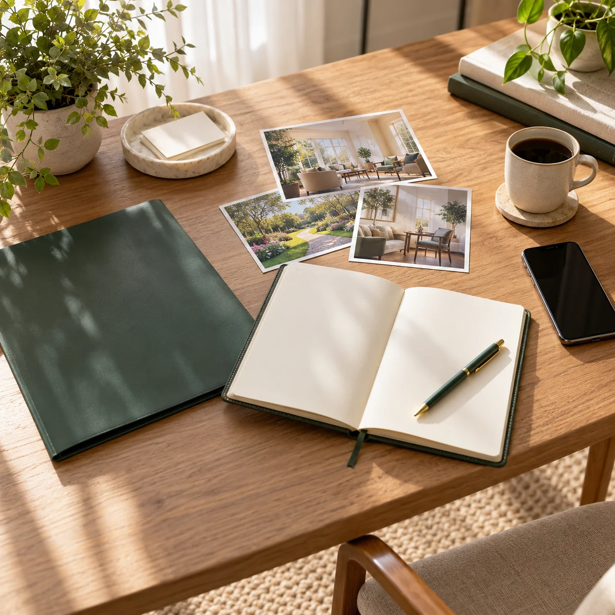 Top view of an open blank planner, a forest-green folder, a phone and printed community photographs on an oak desk