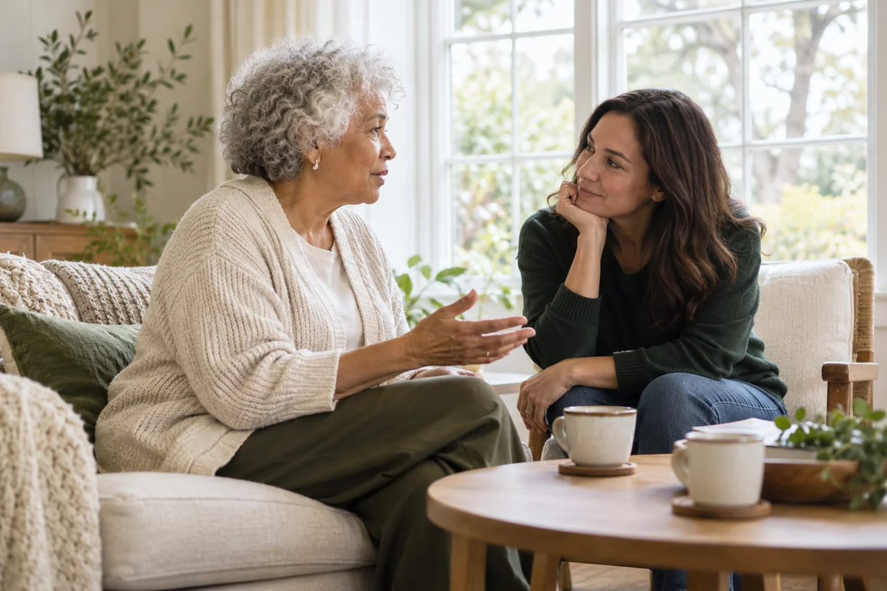 An adult daughter listens closely to her older mother beside a sunlit window, two cups of tea on a small table