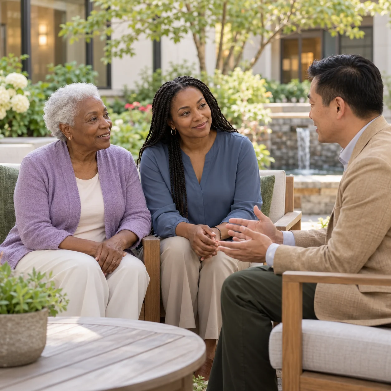 An older woman and her daughter sit with a staff member beside a peaceful courtyard garden