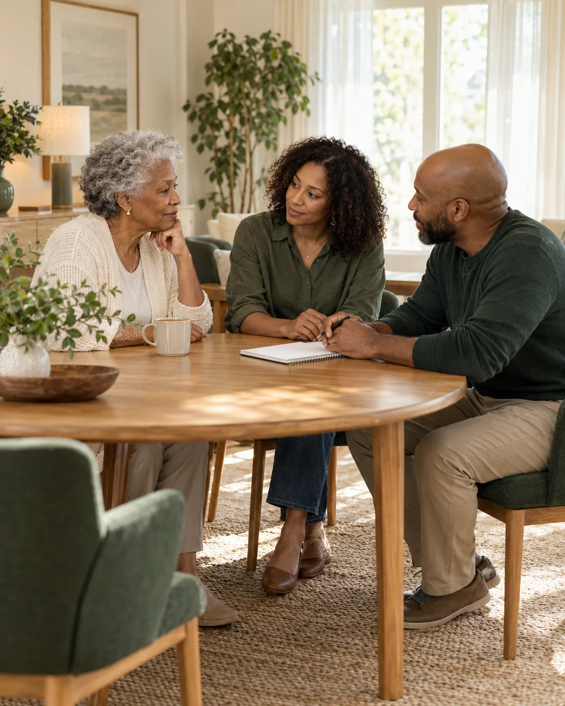 An older woman and two adult family members discuss a next step at a round table with a plain notebook