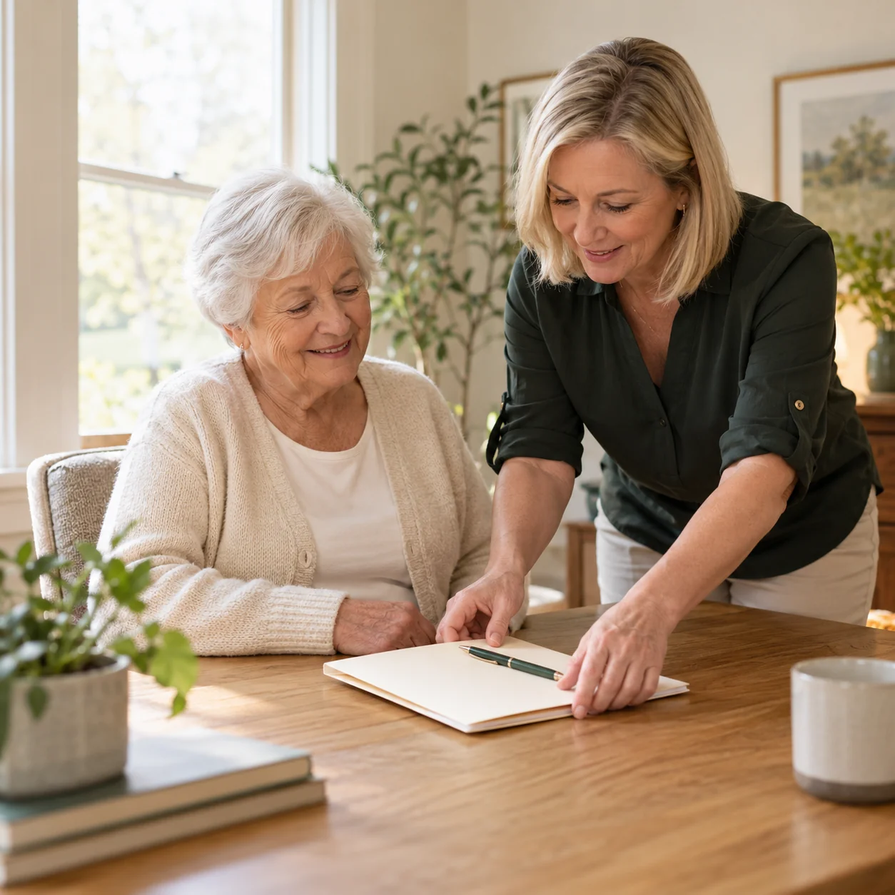 An older woman smiles gently as her daughter helps organize a plain folder and a pen on a small oak desk