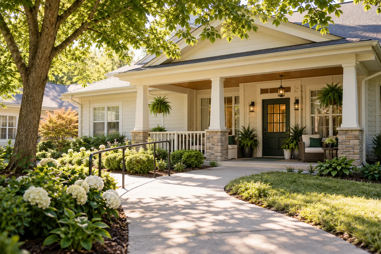 A small residential senior living home with cream siding, a shaded front porch, mature trees and a neat accessible path