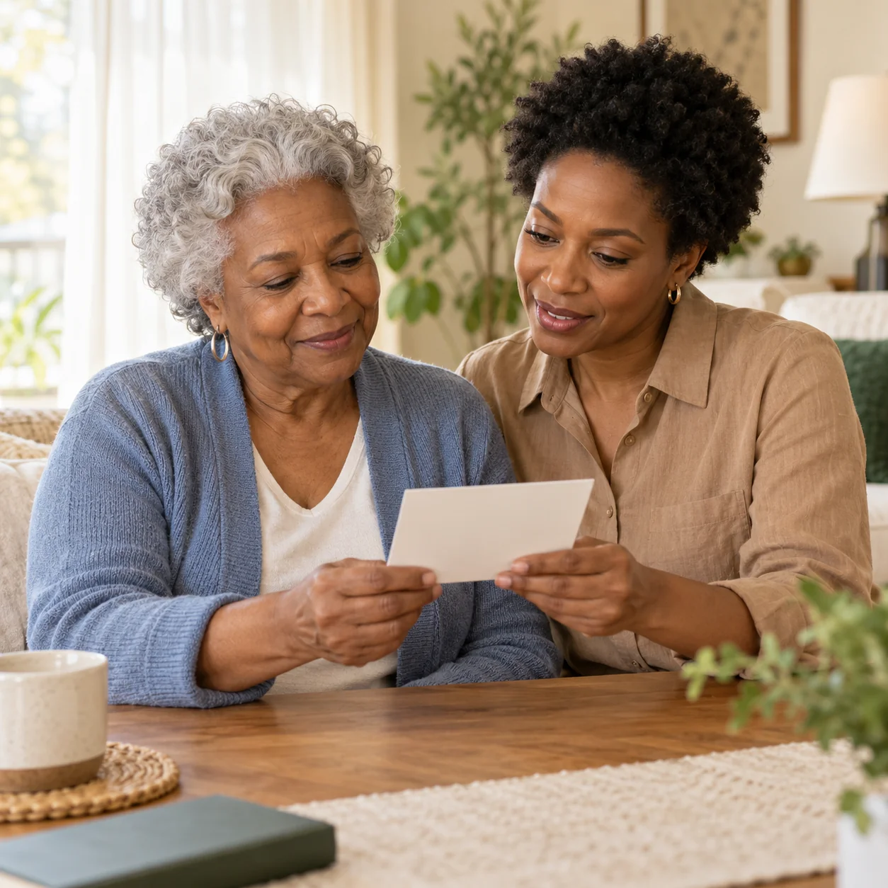 A close editorial view of an older parent and adult child reviewing a simple blank appointment card together, faces visible in the upper frame