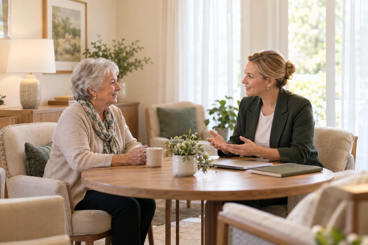 An older woman and a younger female community host sit across a small table discussing the next visit, open welcoming body language