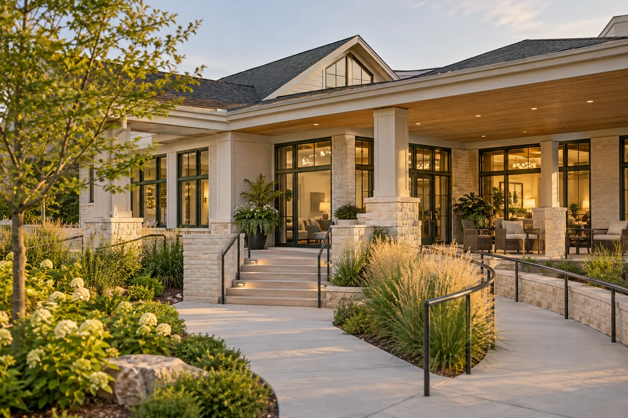 A warm welcoming community facade with large windows, limestone steps beside an accessible path and ornamental grasses