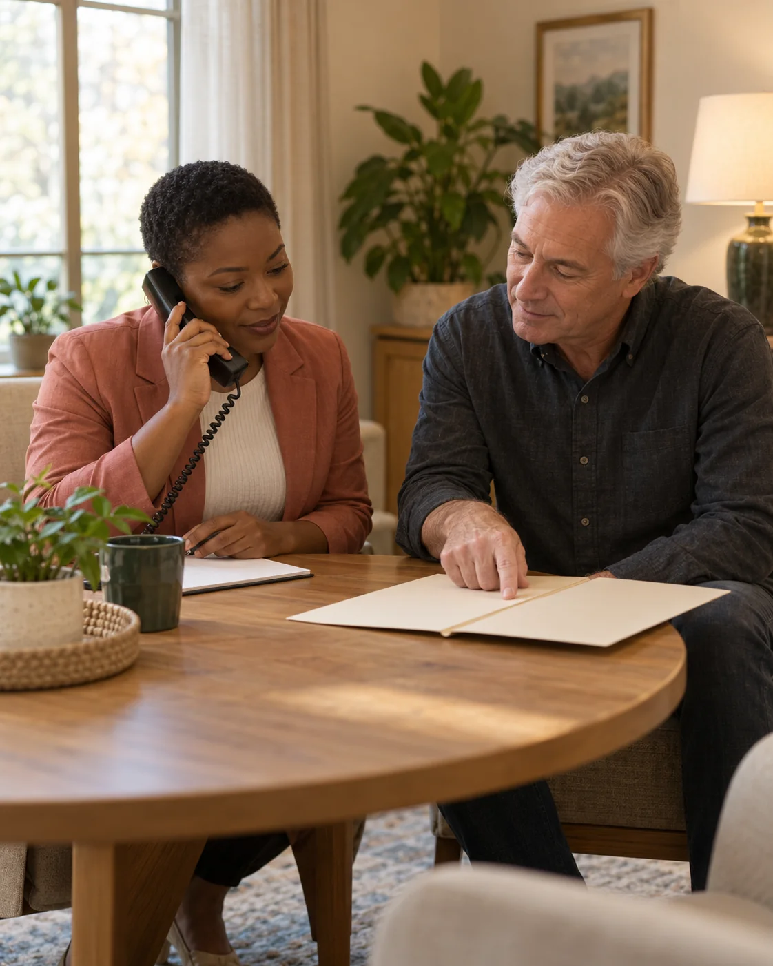 Two community staff members practice a family phone handoff at a round table, one listening while the other points to a plain folder