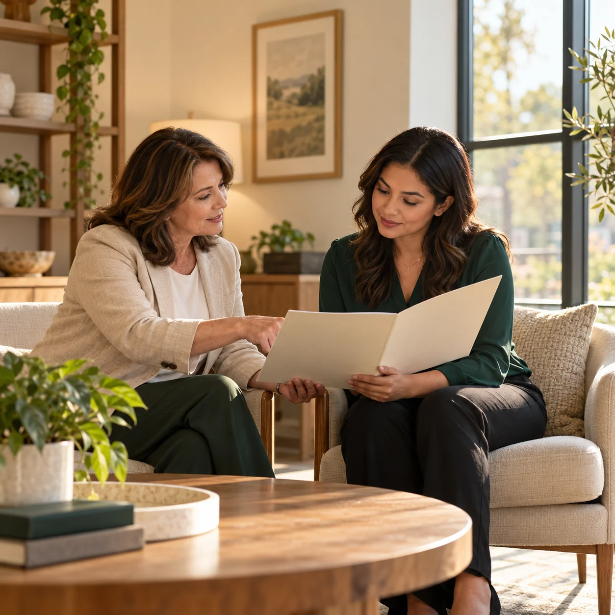 An admissions lead coaches a newer colleague using a blank tour folder beside a tall window