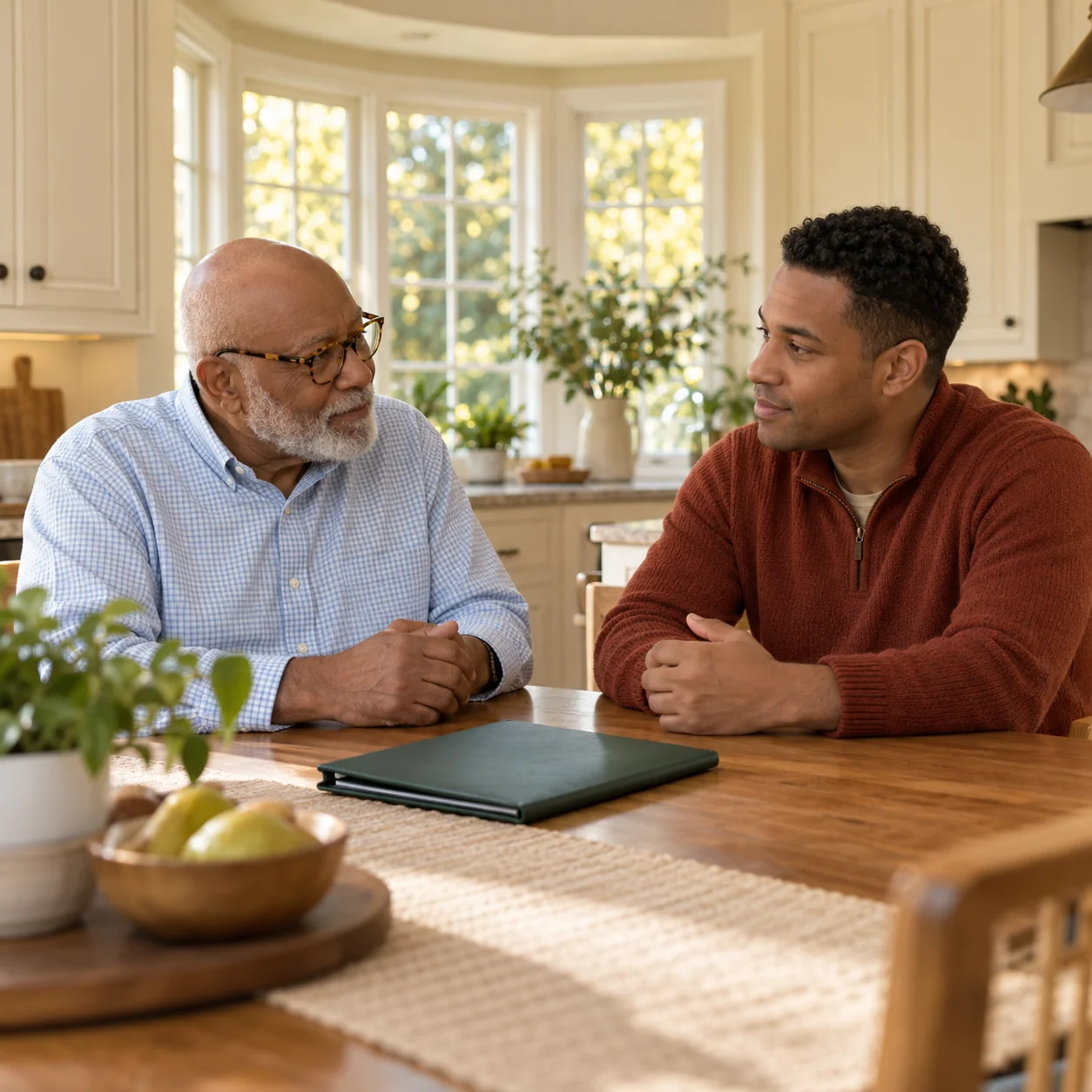 An older man and his adult son talk at a kitchen table with a closed folder between them, calm thoughtful expressions