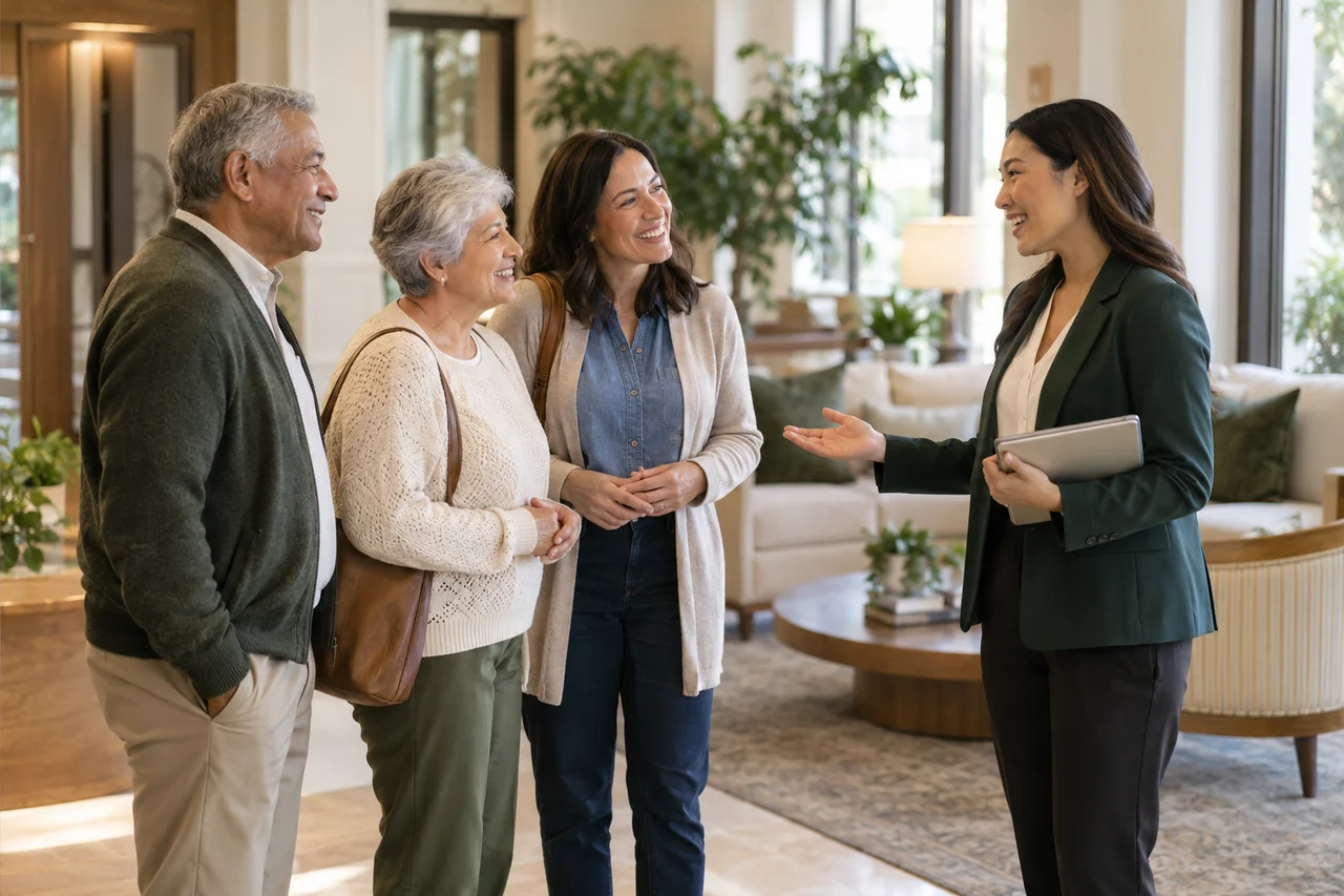 An admissions team member welcomes an older couple and an adult daughter beside a comfortable reception lounge