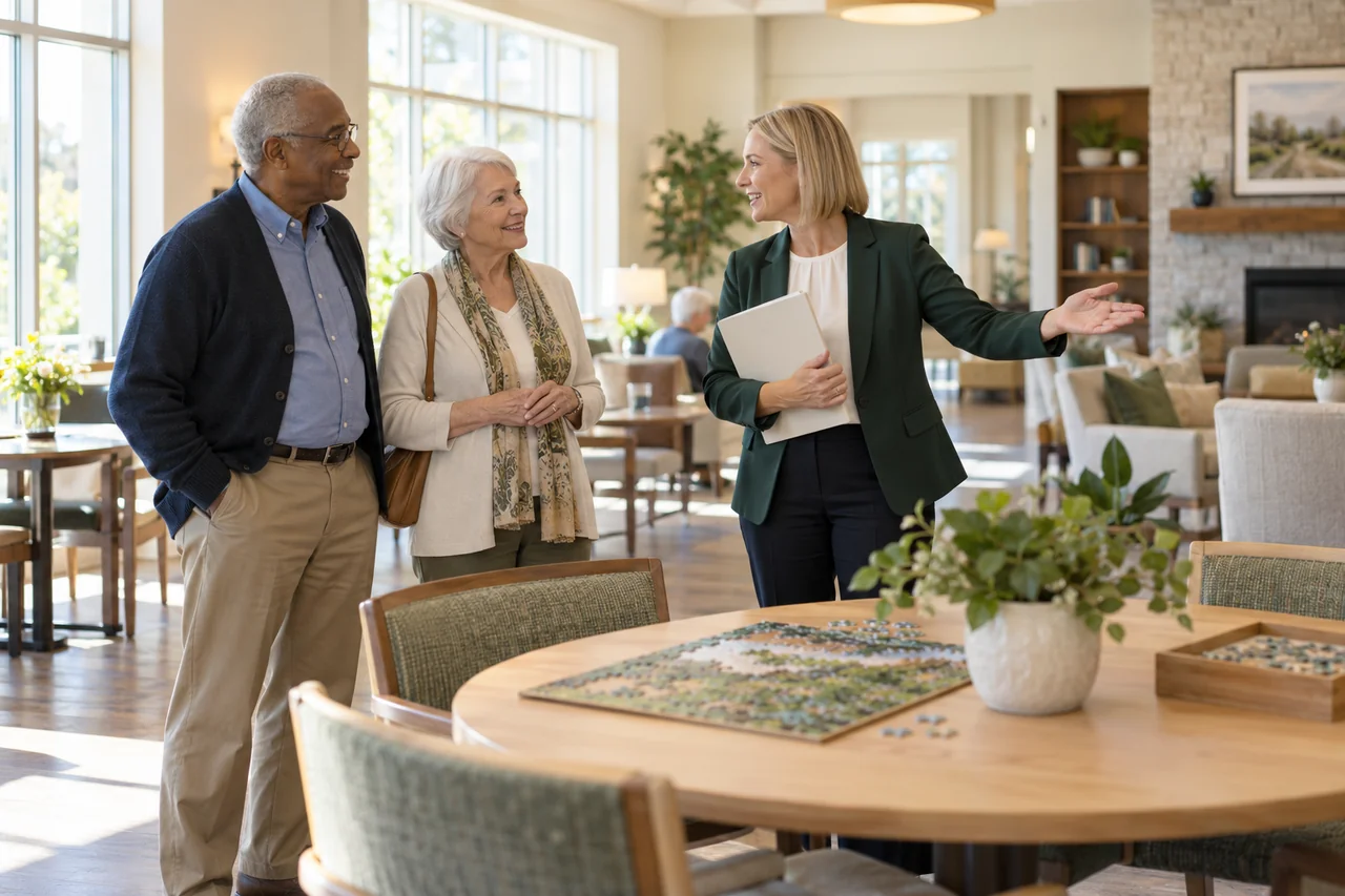 A staff member explains a community activity space to an older couple with a small plain tour folder