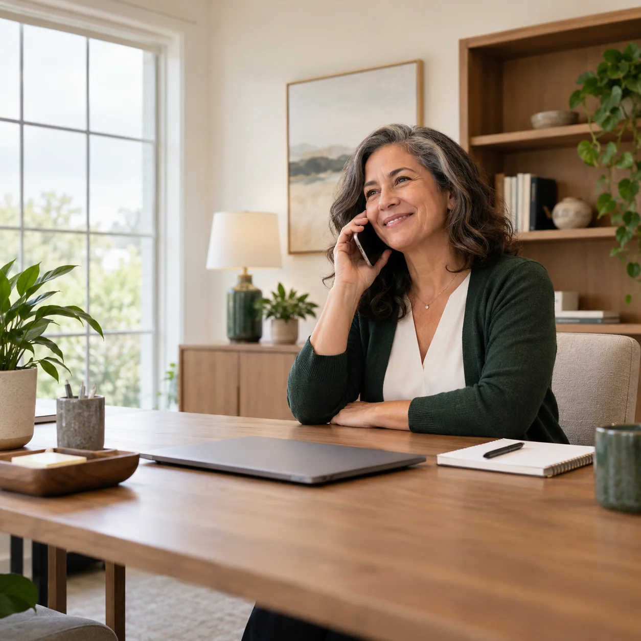 A community manager finishes a warm phone call in a calm office, with a closed laptop and notebook on the desk