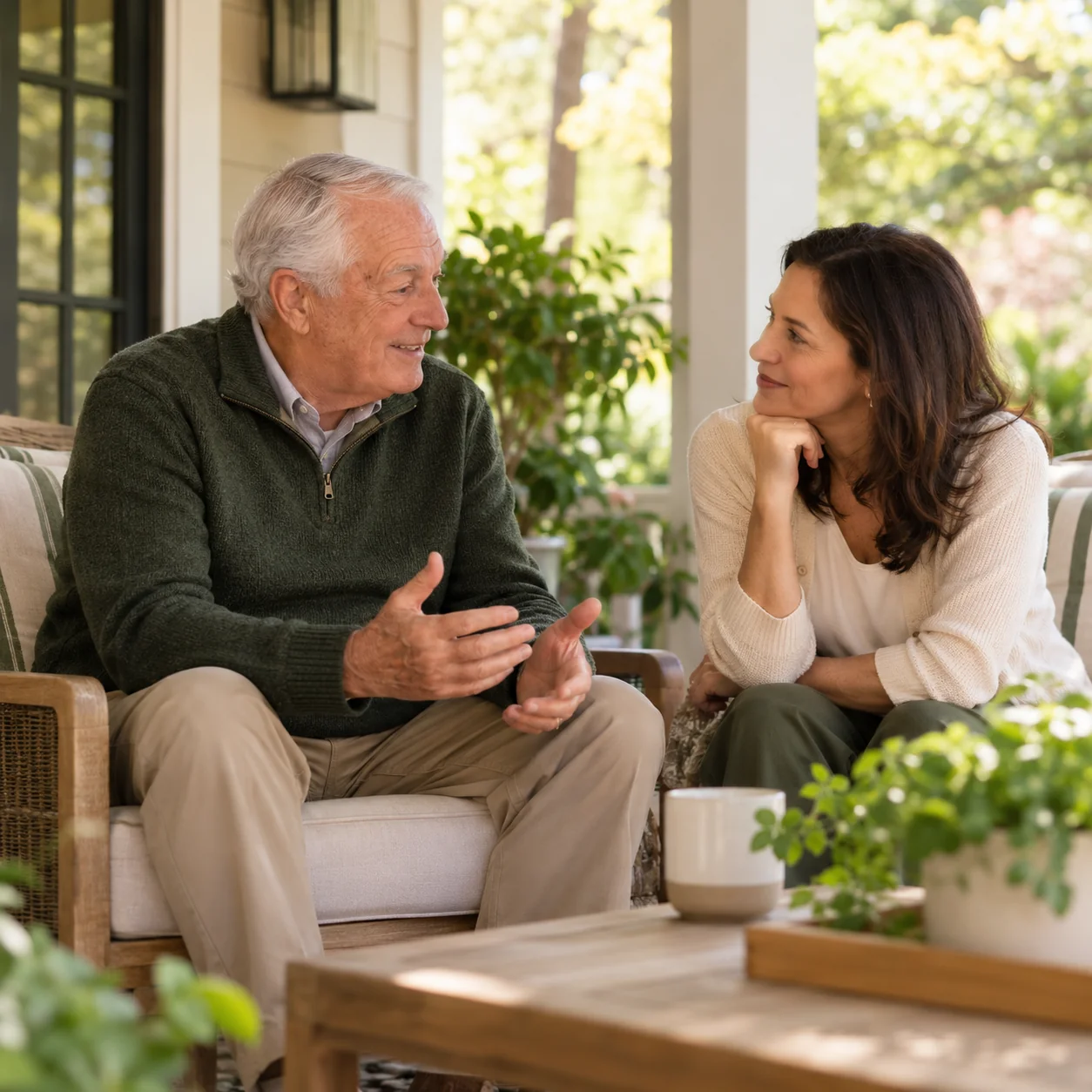 An older man and his daughter share a thoughtful conversation on a covered porch with soft morning light