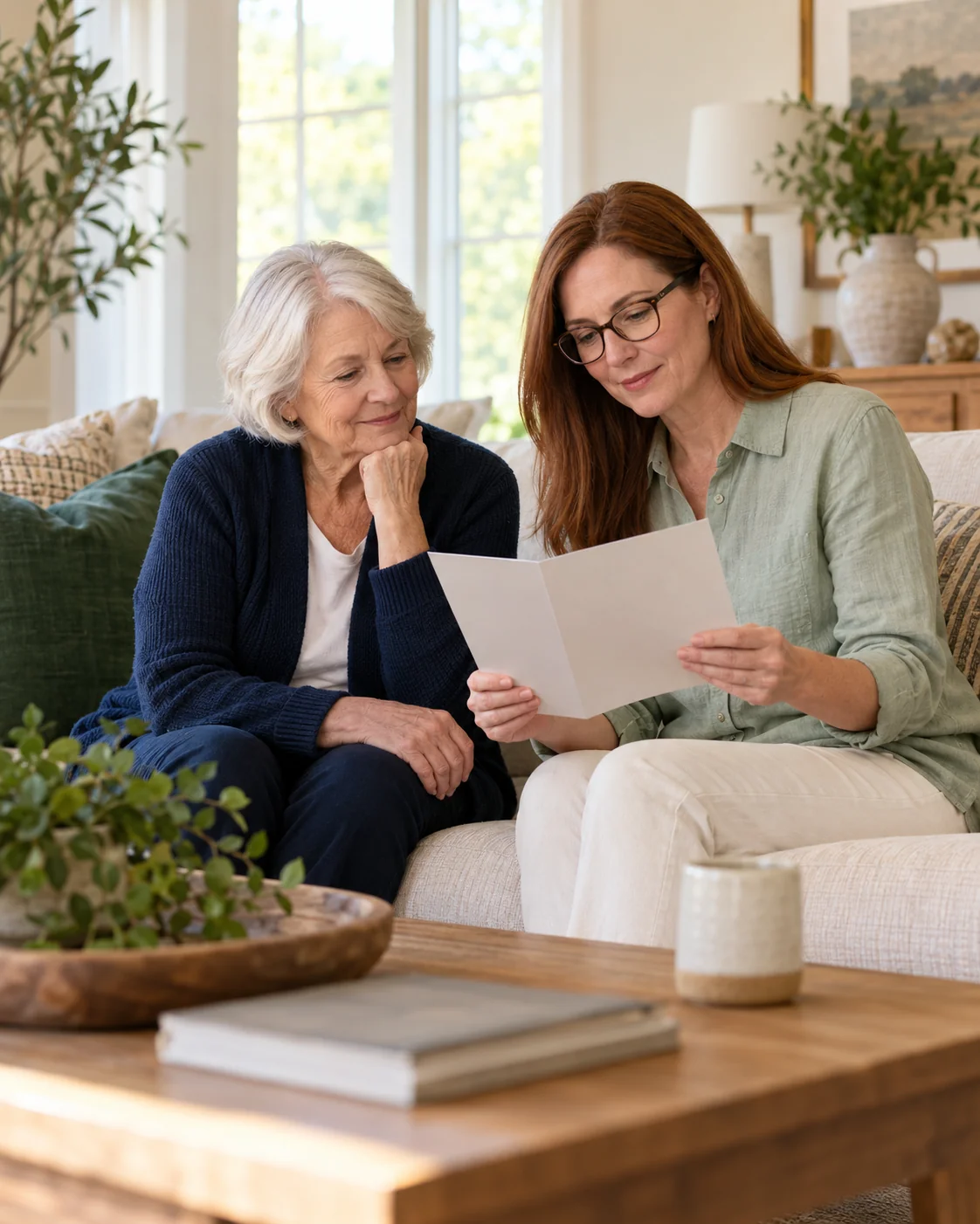 An older woman and her adult daughter sit together in a bright home living room looking at a plain community brochure